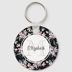 Rosa & Grått Blommigt Vattenfärg Mönster Monogram Nyckelring