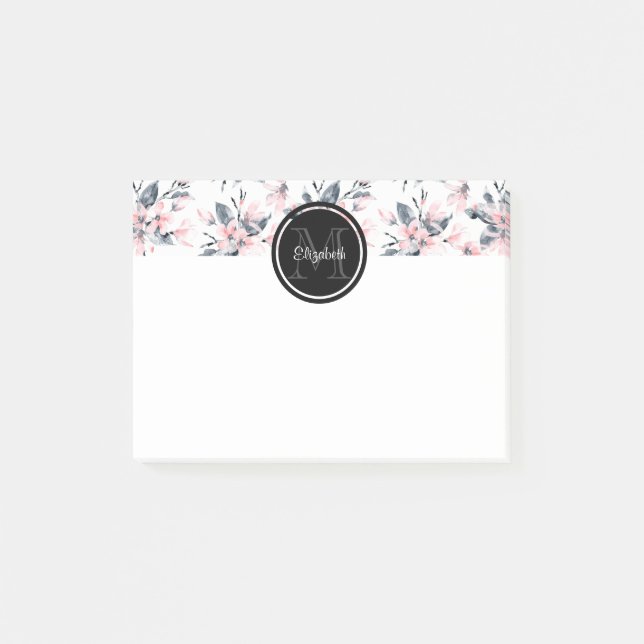 Rosa & Grått Blommigt Vattenfärg Mönster Monogram Post-it Block (Framsida)