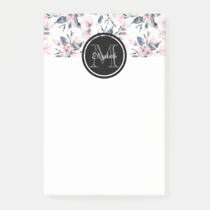 Rosa & Grått Blommigt Vattenfärg Mönster Monogram Post-it Block