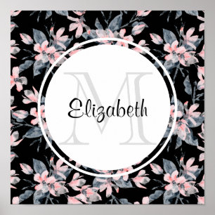 Rosa & Grått Blommigt Vattenfärg Mönster Monogram Poster