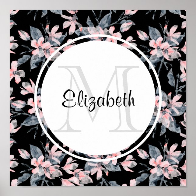 Rosa & Grått Blommigt Vattenfärg Mönster Monogram Poster (Framsidan)