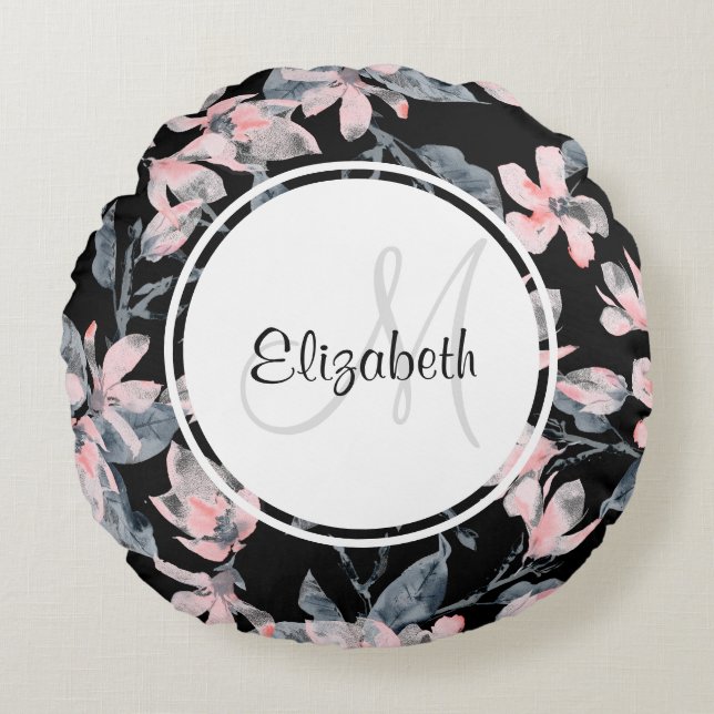 Rosa & Grått Blommigt Vattenfärg Mönster Monogram Rund Kudde (Framsidan)