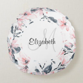 Rosa & Grått Blommigt Vattenfärg Mönster Monogram Rund Kudde