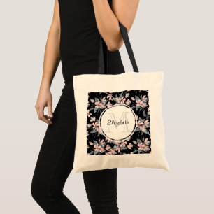 Rosa & Grått Blommigt Vattenfärg Mönster Monogram Tygkasse