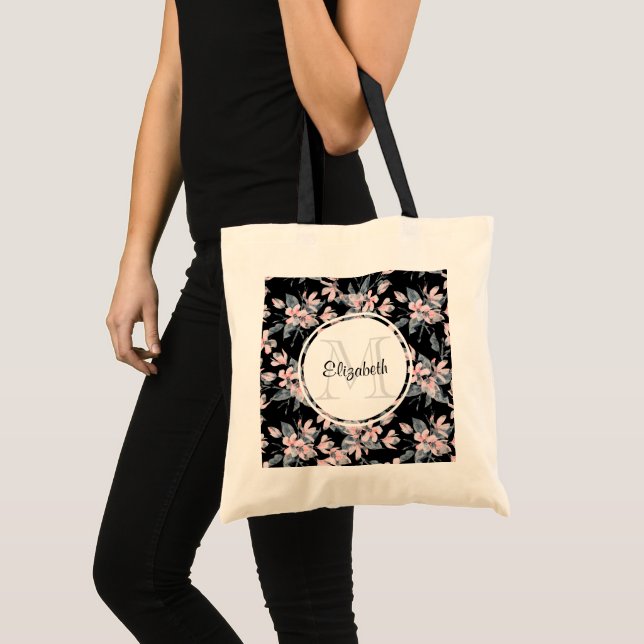 Rosa & Grått Blommigt Vattenfärg Mönster Monogram Tygkasse (Framsida (produkt))