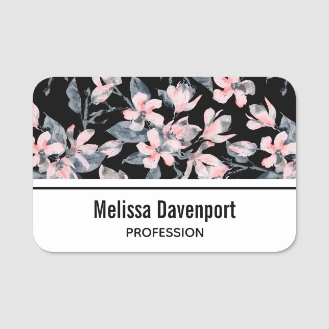 Rosa & Grått Blommigt Vattenfärg Mönster Namnbricka (Framsida)