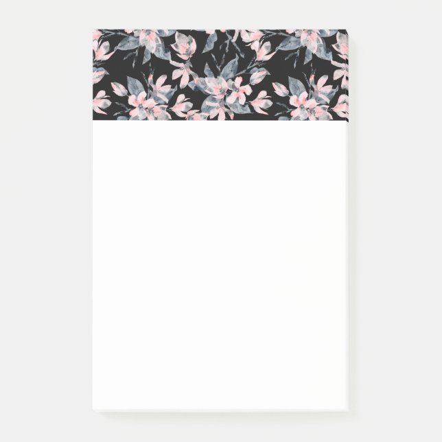 Rosa & Grått Blommigt Vattenfärg Mönster Post-it Block (Framsida)