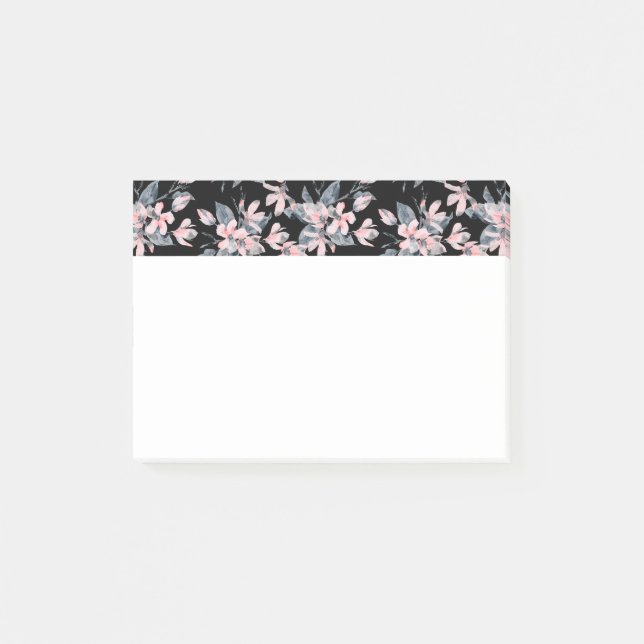 Rosa & Grått Blommigt Vattenfärg Mönster Post-it Block (Framsida)