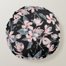 Rosa & Grått Blommigt Vattenfärg Mönster Rund Kudde