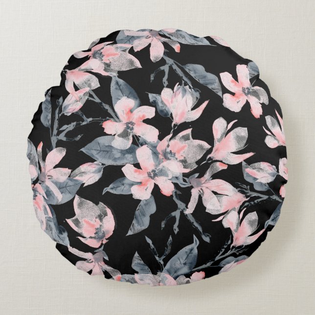 Rosa & Grått Blommigt Vattenfärg Mönster Rund Kudde (Framsidan)