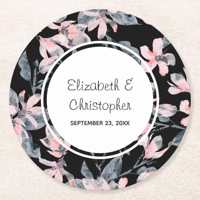 Rosa & Grått Blommigt Vattenfärgen Mönster Bröllop Underlägg Papper Rund (Framsidan)