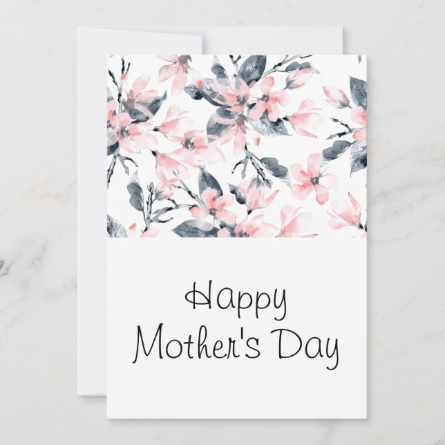 Rosa & Grått Blommigt Vattenfärgen Mönster Mors da Julkort (Framsida)