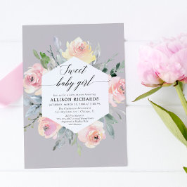  rosa grått blommigt vattenfärgsflicka dusch inbjudningar
