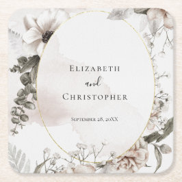 Rosa Grått Blommigt Watercolor Bröllop Underlägg Papper Kvadrat