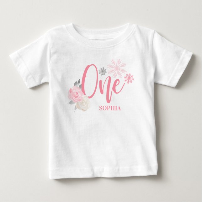 Rosa Grått Blommigt Winter ONEderland 1:a födelsed T Shirt (Framsida)