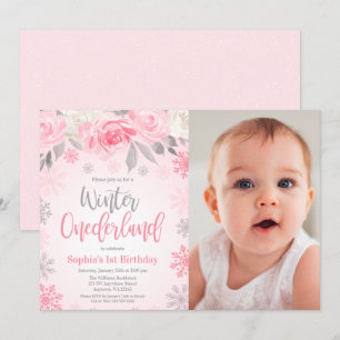 Rosa Grått Blommigt Winter ONEderland Birthday Pho Inbjudningar