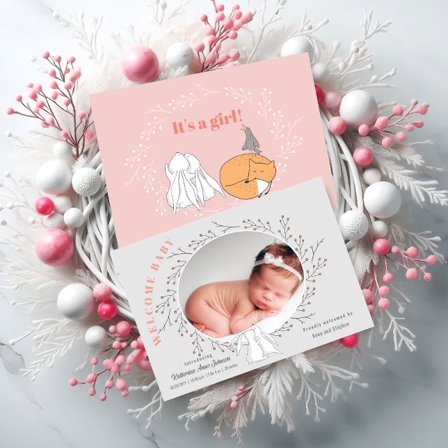 Rosa Grått Blommigt Woodland Animals Flicka Biranc Meddelande (Pink gray floral wreath bunny baby girl birth announcement front and back view in situ.)