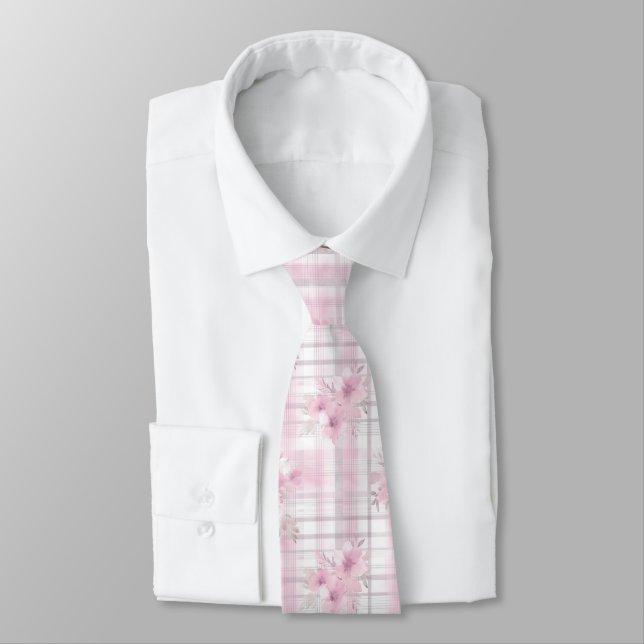 Rosa Grått Blommor Plade Jul Neck Tie Slips (Bunden)