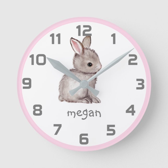 Rosa Grått Bunny Wall Clock Rund Klocka (Framsida)