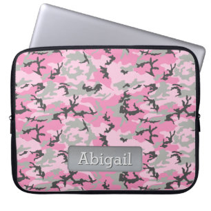 Rosa Grått Camo Mönster Personlig Namn Laptop Sleeve