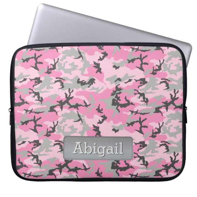 Rosa Grått Camo Mönster Personlig Namn Laptop Sleeve (Framsidan)