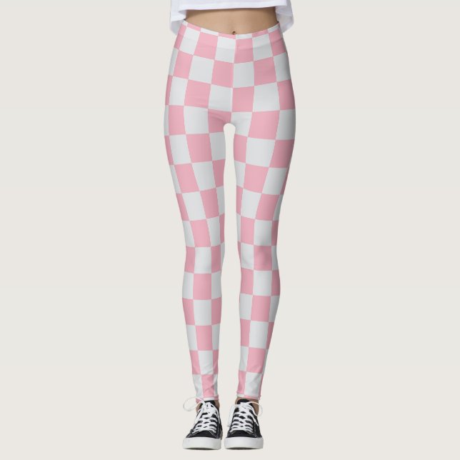 Rosa + Grått Checkboard Mönster Leggings (Framsida)
