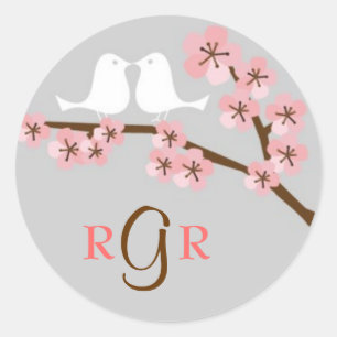 Rosa & Grått Cherry Blommar Vår bröllop Runt Klistermärke