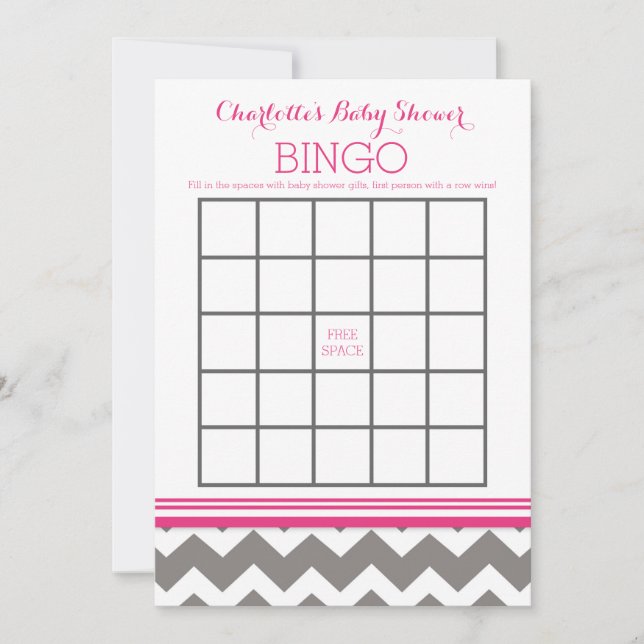 Rosa Grått Chevron Baby Shower Bingo (Framsida)