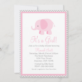 Rosa Grått Chevron Elephant Girl Baby Shower Inbju Inbjudningar