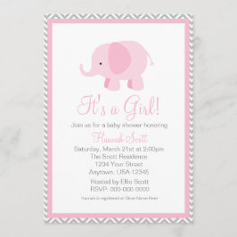 Rosa Grått Chevron Elephant Girl Baby Shower Inbju Inbjudningar