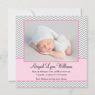 Rosa Grått Chevron Girl Birth Notice Meddelande