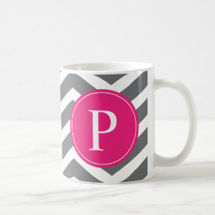 Rosa Grått Chevron Monogram Kaffemugg