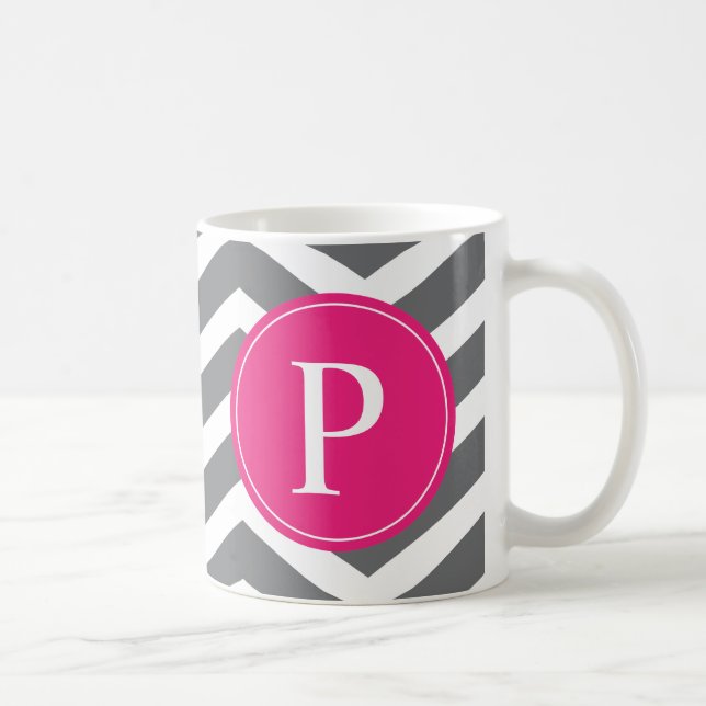Rosa Grått Chevron Monogram Kaffemugg (Höger)