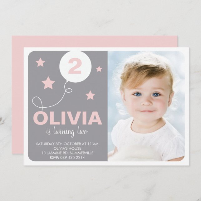 Rosa & Grått Cute Dreamer Kids Photo Birthday Inbjudningar (Fram/baksida)