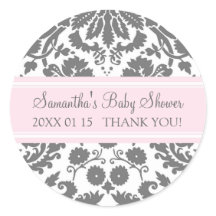 Rosa Grått Damask Baby Shower Favor Stickers