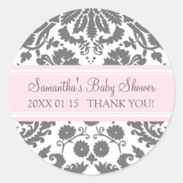 Rosa Grått Damask Baby Shower Favor Stickers Runt Klistermärke