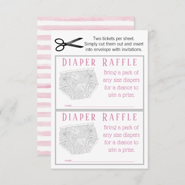 Rosa Grått Diaper Girl Diaper Raffle Biljett Inbjudningar (Fram/baksida)