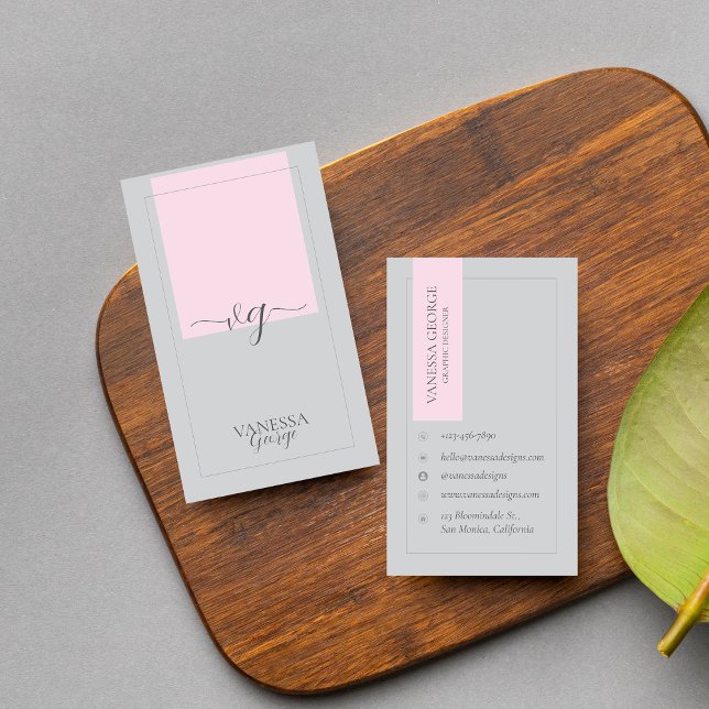 Rosa Grått Elegant Cute Modern Monogram Anpassning Visitkort (Pink Grey Elegant Cute Modern Monogram Custom Business Card)