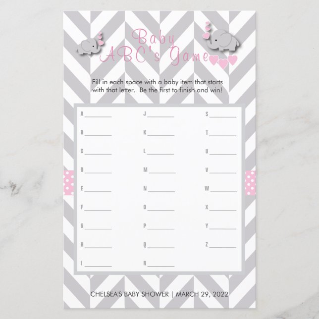 Rosa & Grått Elephant Baby Shower - ABC's Game (Framsida)