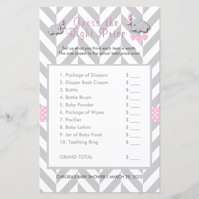 Rosa & Grått Elephant Baby Shower - Gissa Pris (Framsida)