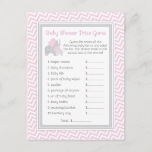 Rosa & Grått Elephant Baby Shower Gissa Prist spel Inbjudan Vykort