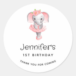 Rosa & Grått Elephant Ballerina Birthday Tack Runt Klistermärke