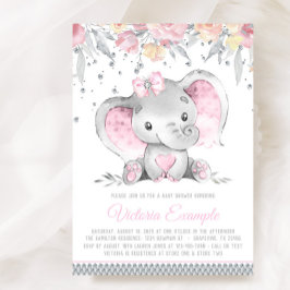 Rosa Grått Elephant Blommigt Diamond Girl Baby Sho Inbjudningar