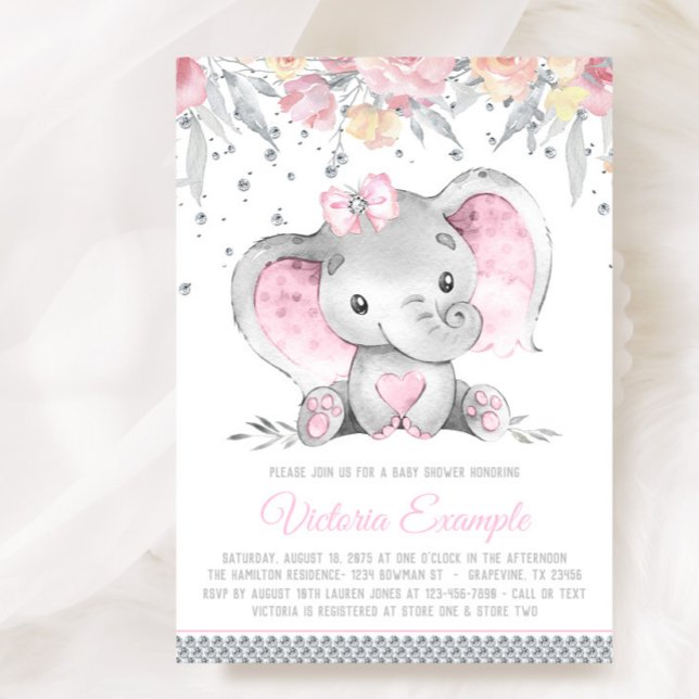 Rosa Grått Elephant Blommigt Diamond Girl Baby Sho Inbjudningar (Sweet baby girl elephant baby shower invitation. Instant download and printed invitations available.)