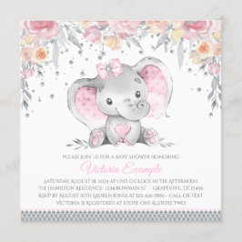 Rosa Grått Elephant Diamond Blommigt Baby Shower Inbjudningar