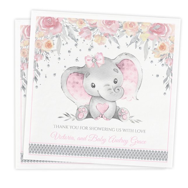 Rosa Grått Elephant Diamond Blommigt Baby Shower Pappersservett (Personalize with optional text.)