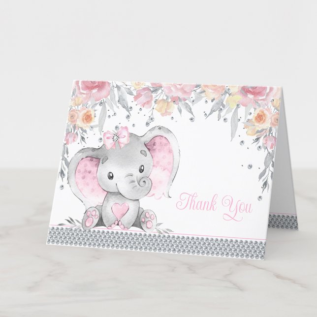 Rosa Grått Elephant Diamond Blommigt Baby Shower Tack Kort (Add your message to the inside or leave blank for your handwritten message when they arrive.)