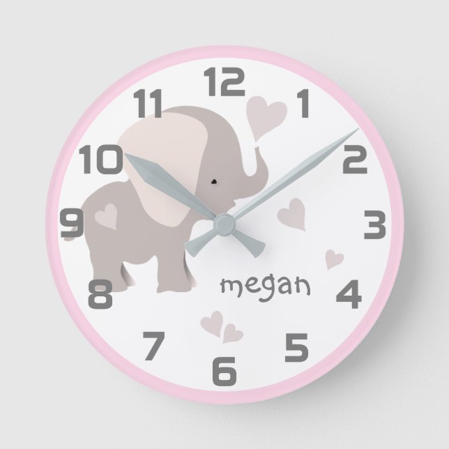 Rosa Grått Elephant Heart Clock Rund Klocka (Framsida)