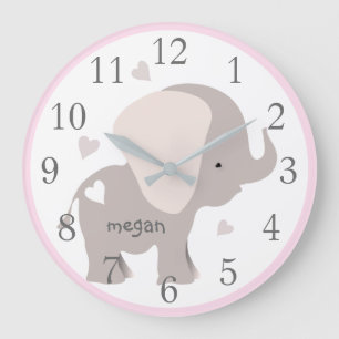 Rosa Grått Elephant Nursery Wall Clock Stor Klocka