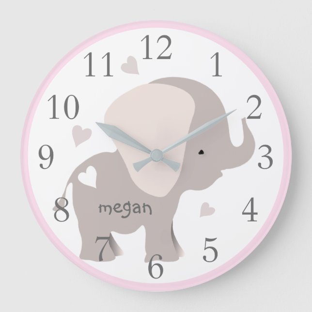 Rosa Grått Elephant Nursery Wall Clock Stor Klocka (Framsida)